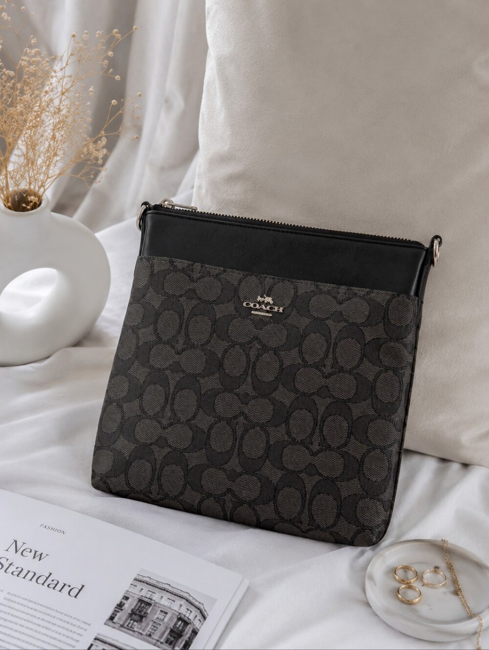 Coach Crossbody Bag in Black and Charcoal Signature Jacquard